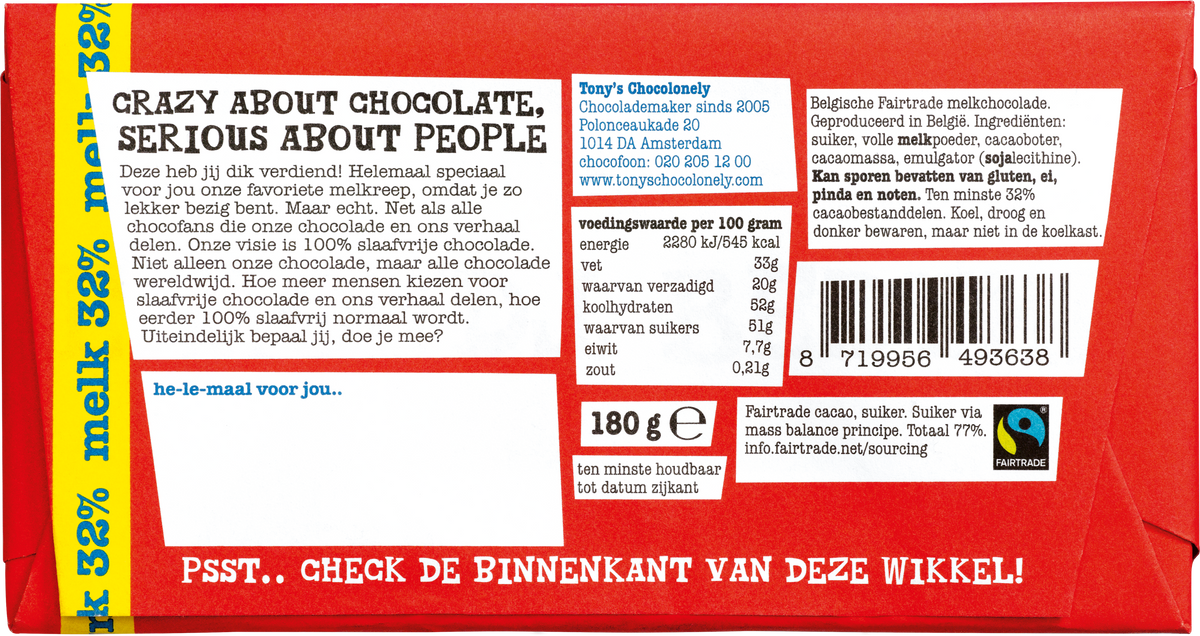 Achterkant van de verpakking van Tony's Chocolonely cadeaureep Je wordt bedankt