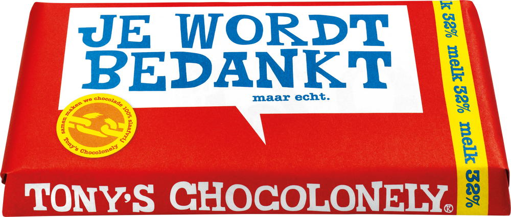 Tony's Chocolonely cadeaureep Je wordt bedankt, schuin van voren