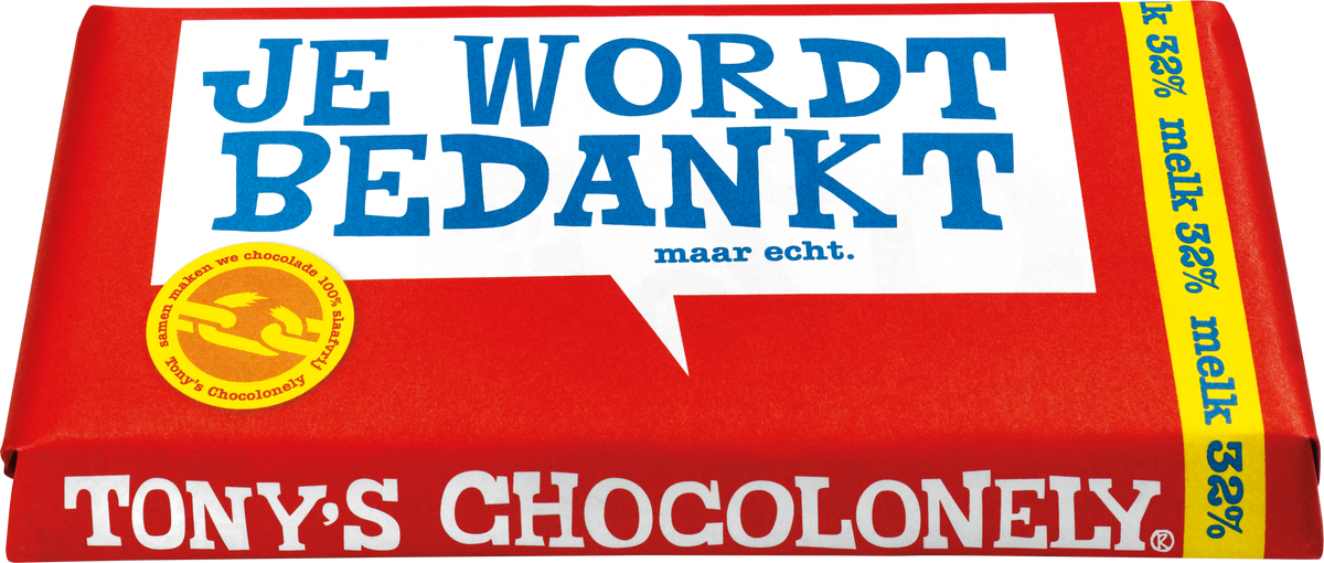Tony's Chocolonely cadeaureep Je wordt bedankt, schuin van voren