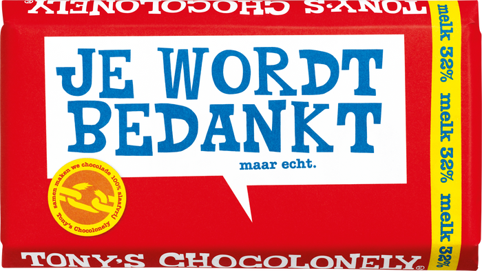 Tony's Chocolonely cadeaureep Je wordt bedankt (melk), doos van 15 repen