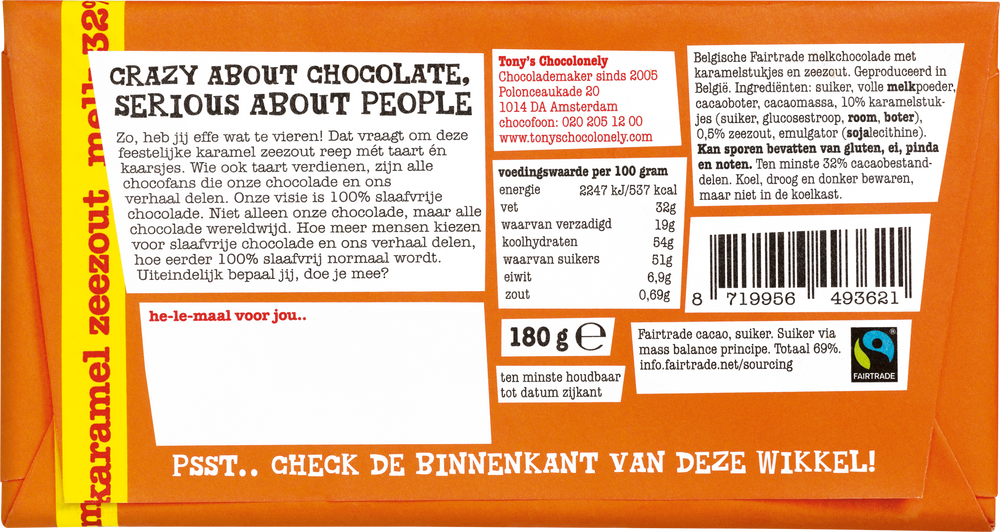 Achterkant van de verpakking van Tony's Chocolonely cadeaureep Hieper de piepert