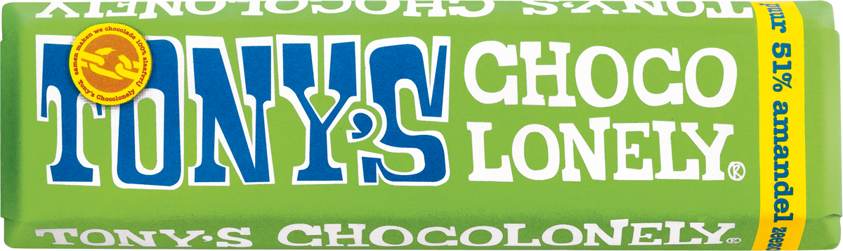 Tony's Chocolonely reepje puur amandel zeezout, voorkant van de verpakking