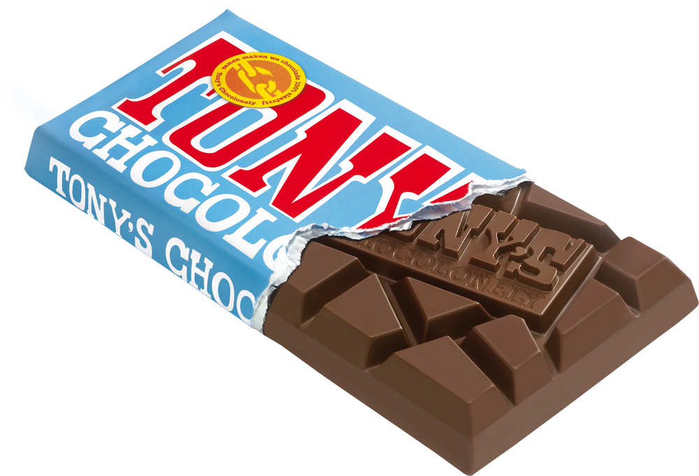 Tony's Chocolonely reep donkere melk, geopende verpakking