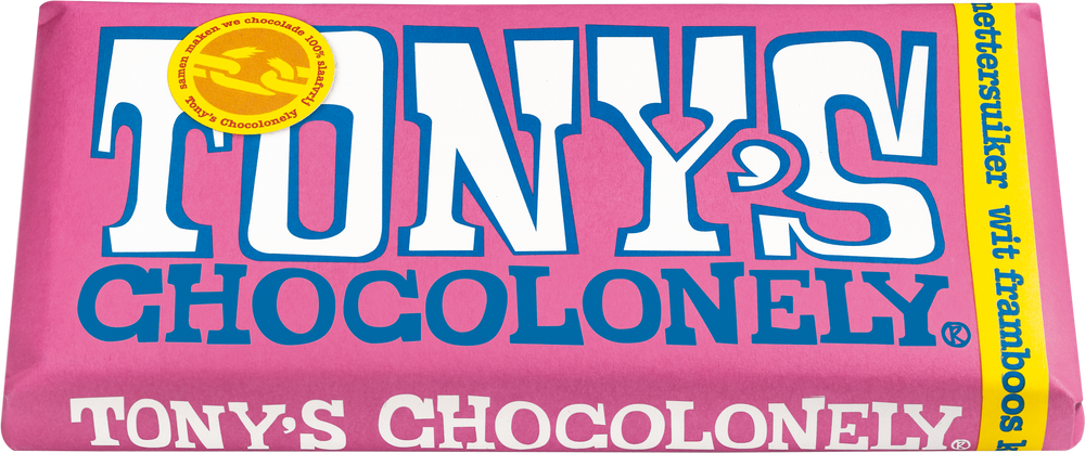 Tony's Chocolonely reep wit framboos knettersuiker, schuin van voren