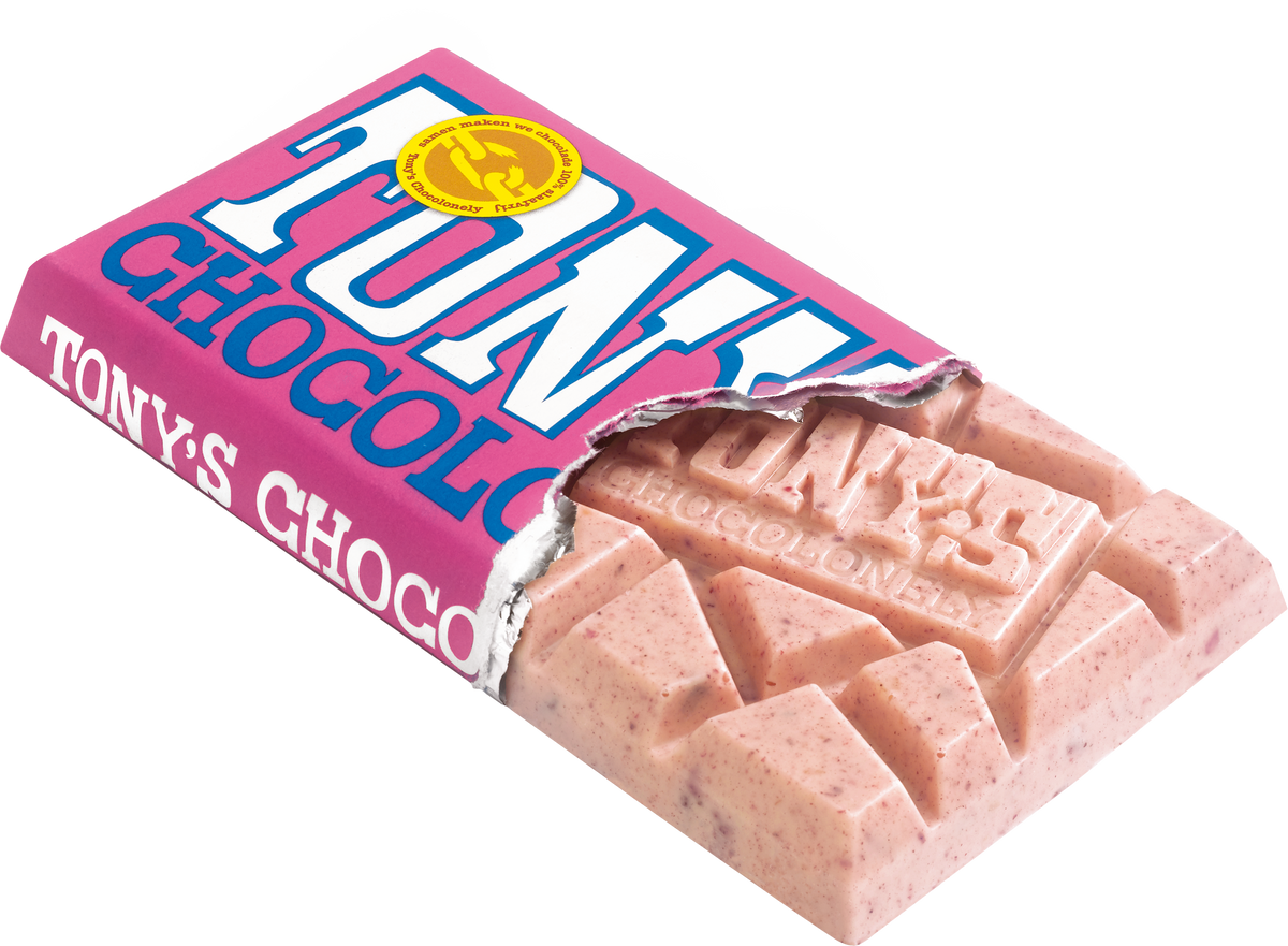 Tony's Chocolonely reep wit framboos knettersuiker, geopende verpakking
