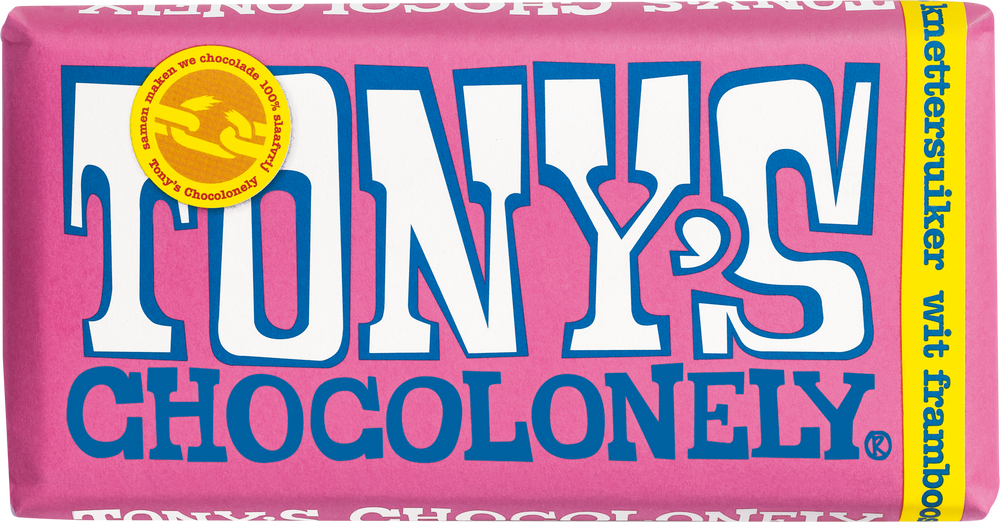 Tony's Chocolonely reep wit framboos knettersuiker, voorkant van de verpakking