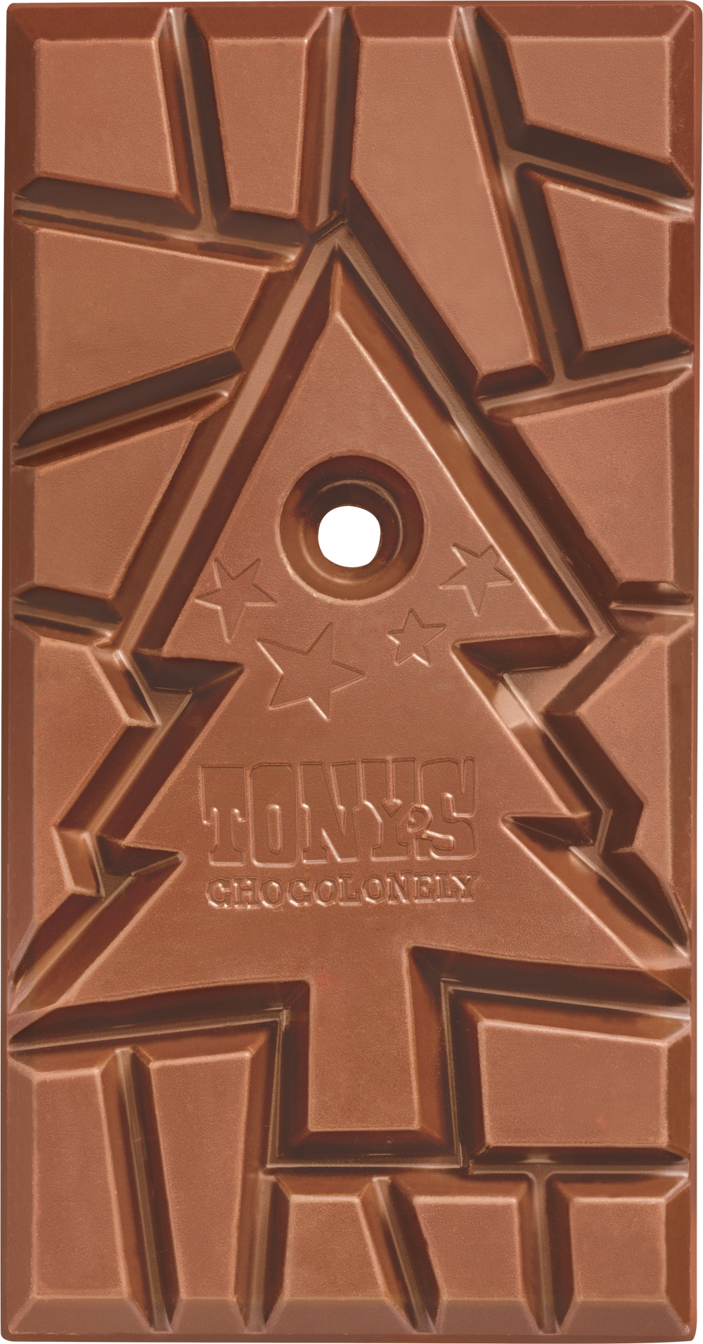 Uitgepakte kerstreep melk gemberkoekje van Tony's Chocolonely met de kerstboom in het midden