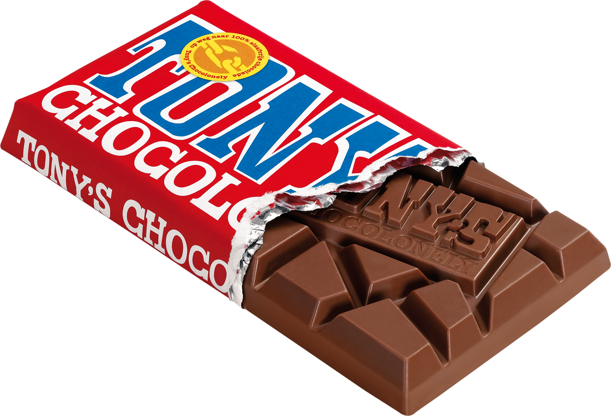 Tony's Chocolonely reep melk, geopende verpakking