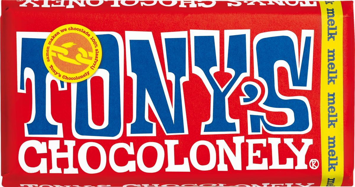 Tony's Chocolonely reep melk, voorkant van de verpakking