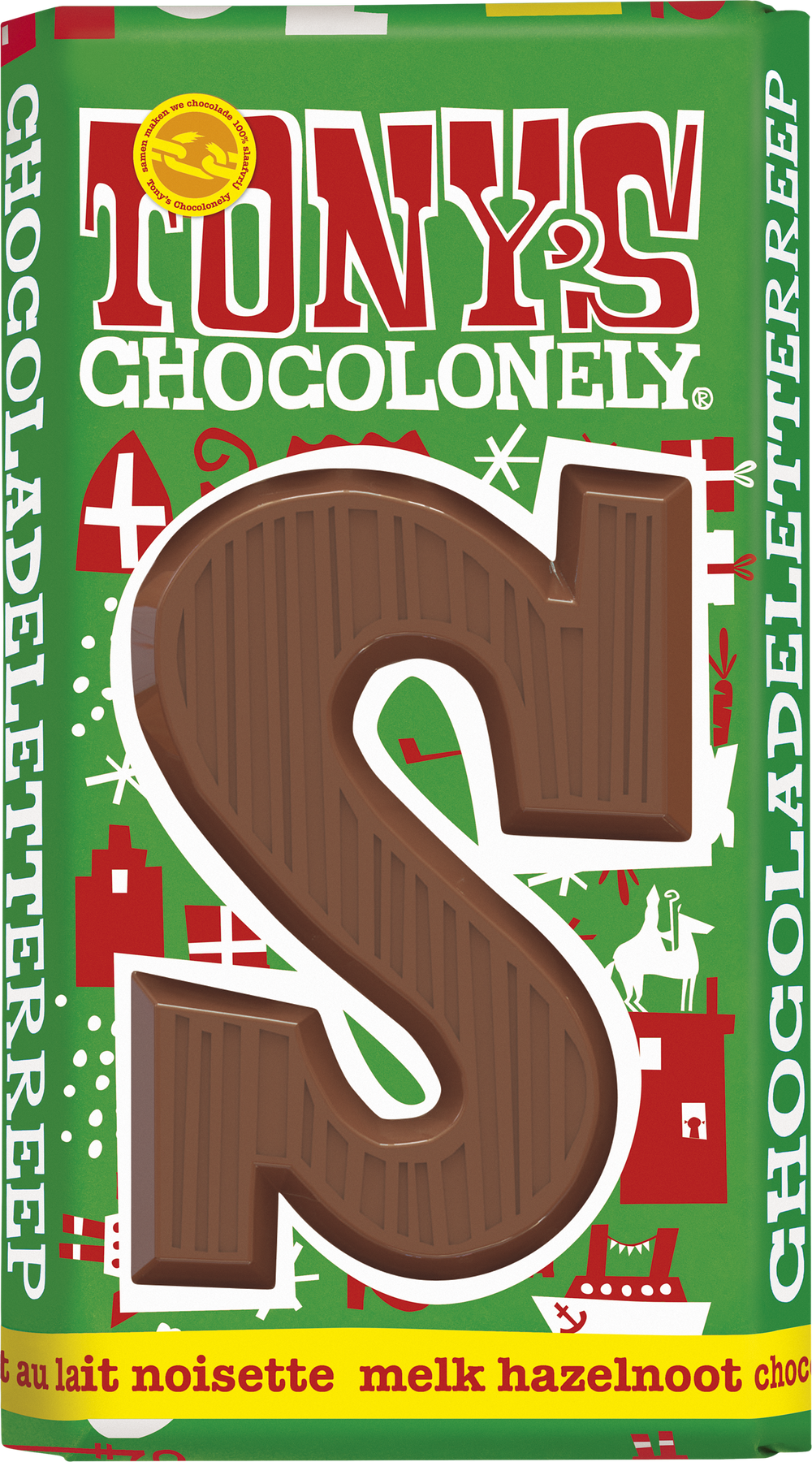 Tony's Chocolonely letterreep S melk hazelnoot, voorkant van de verpakking