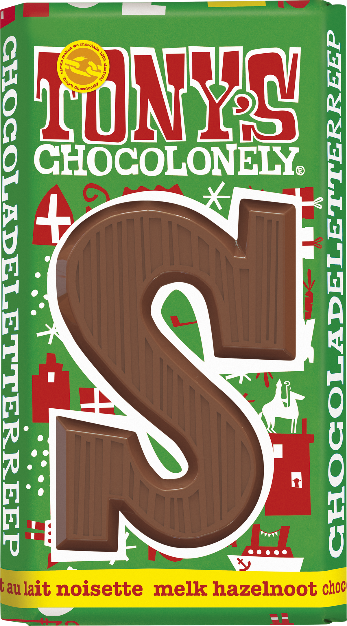 Tony's Chocolonely letterreep S melk hazelnoot, voorkant van de verpakking