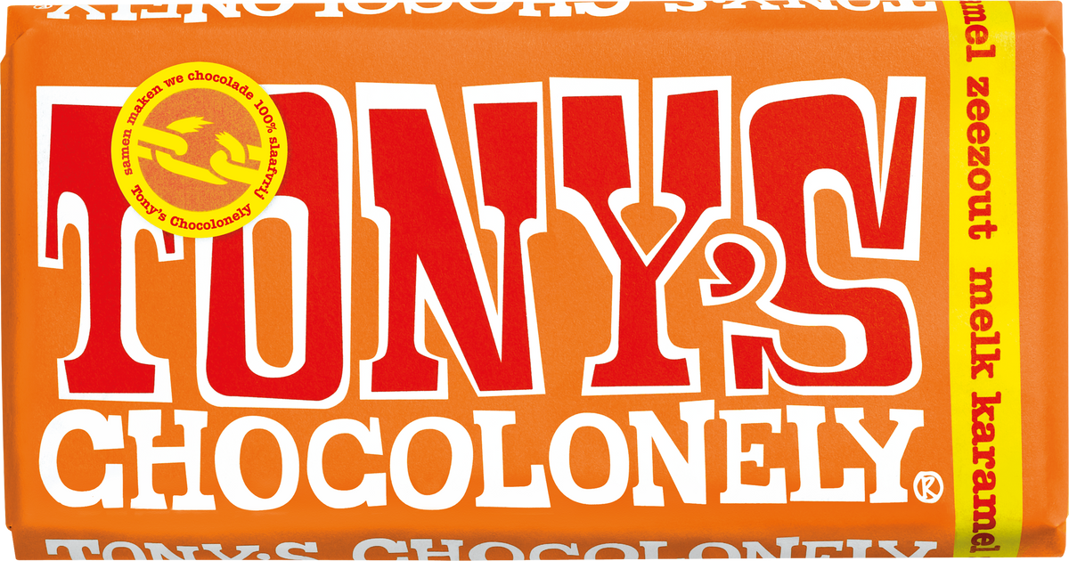 Tony's Chocolonely reep melk karamel zeezout, voorkant van de verpakking