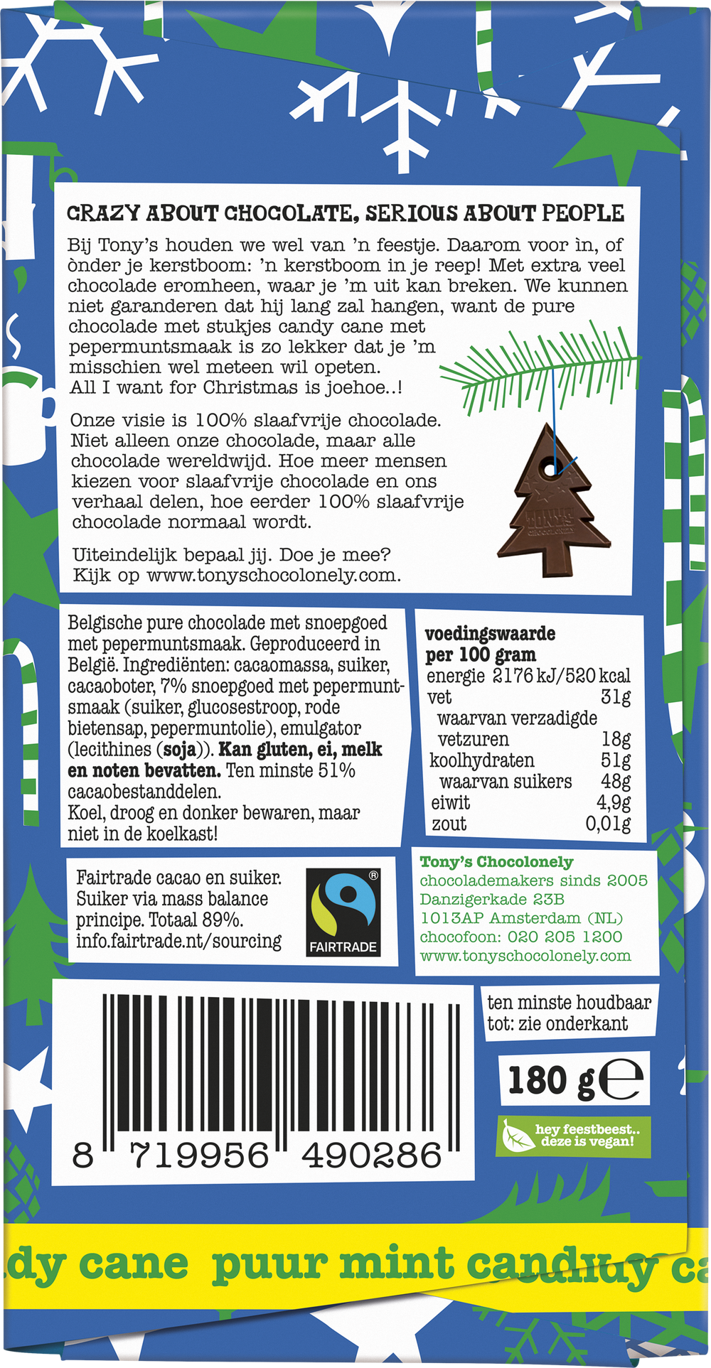 Achterkant van de verpakking van de Tony's Chocolonely kerstreep puur mint candy cane