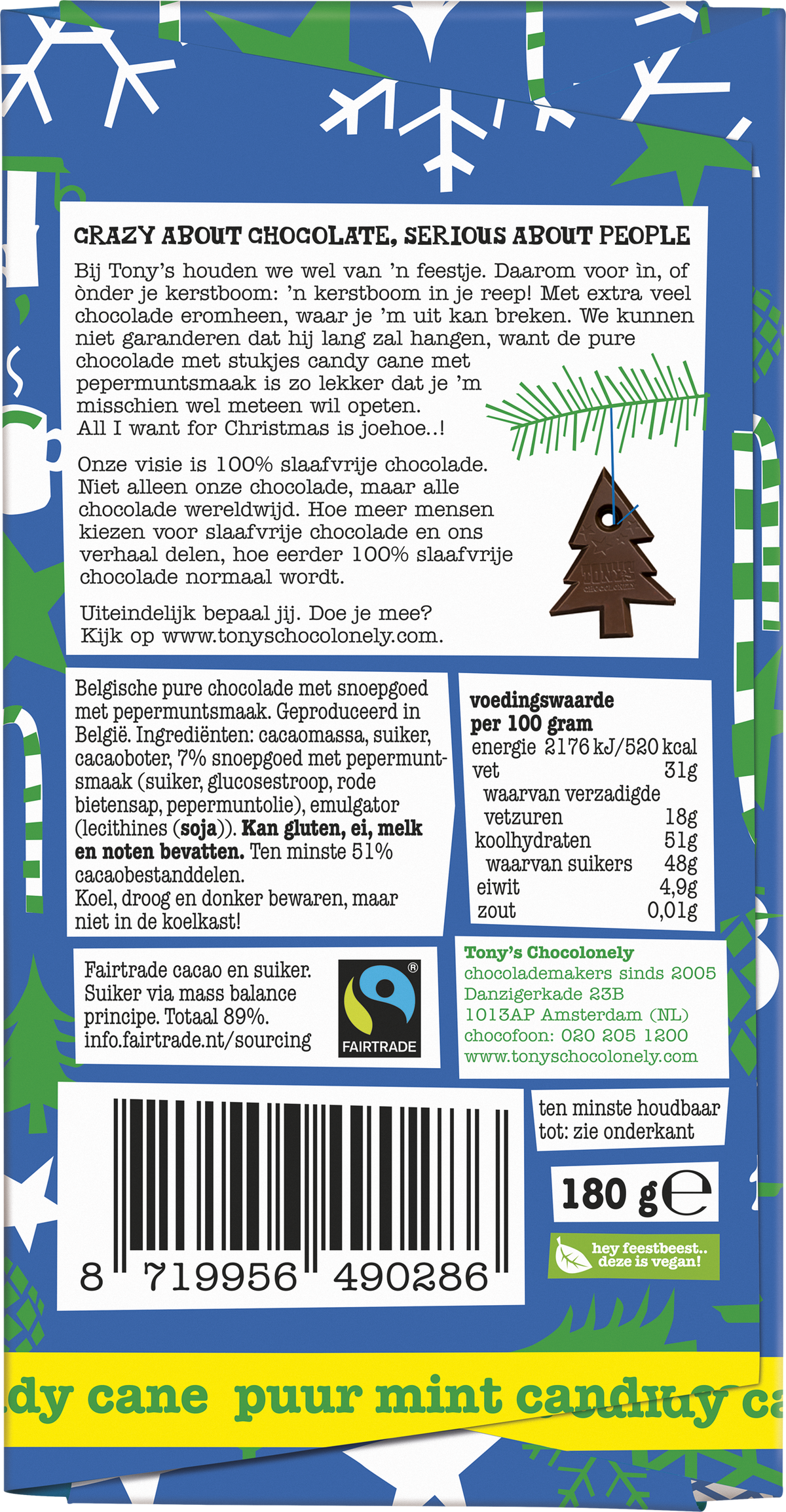 Achterkant van de verpakking van de Tony's Chocolonely kerstreep puur mint candy cane