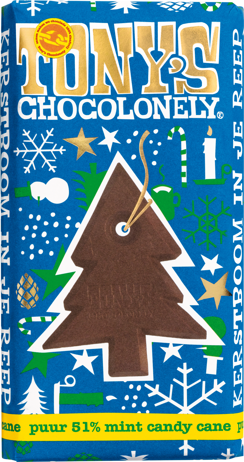 Tony's Chocolonely kerstreep puur mint candy cane, voorkant van de verpakking