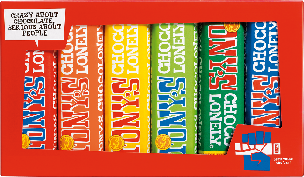 Tony's Chocolonely proeverijtje, voorkant van de verpakking