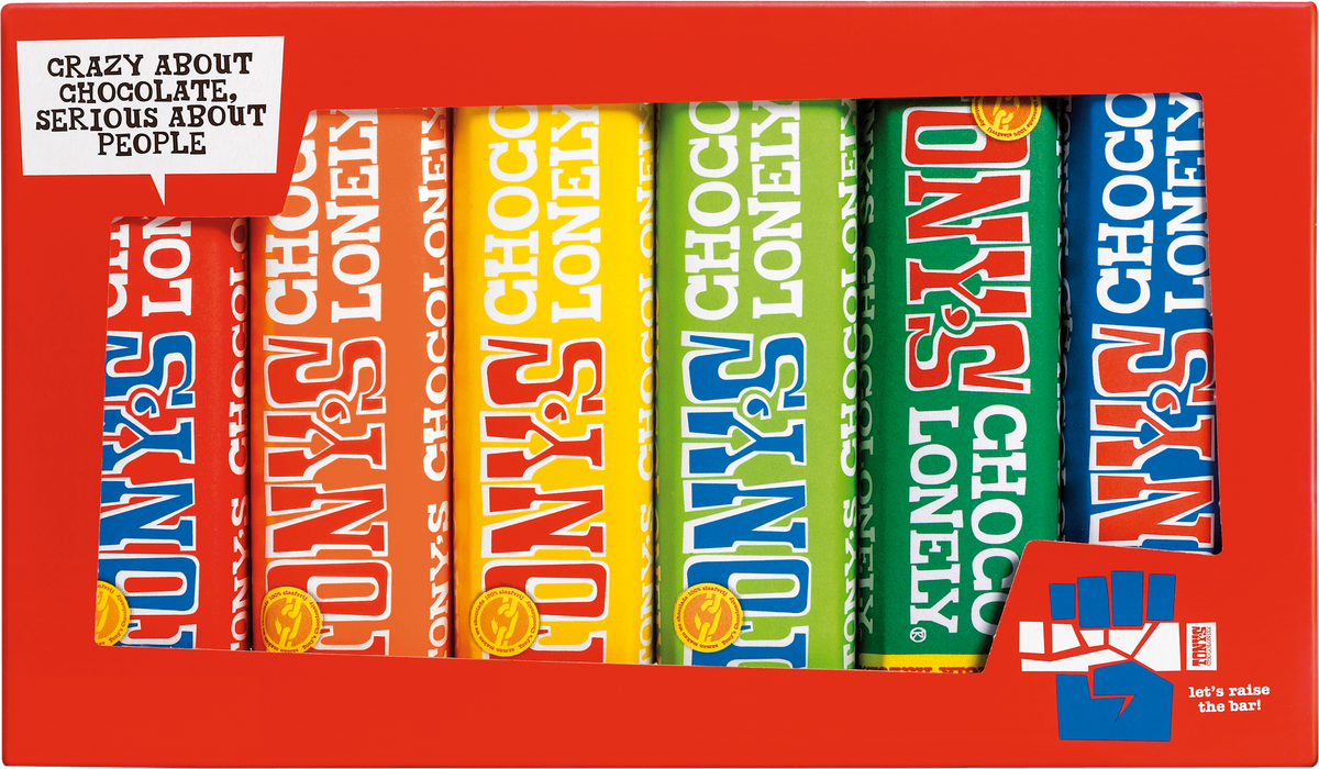 Tony's Chocolonely proeverijtje, voorkant van de verpakking