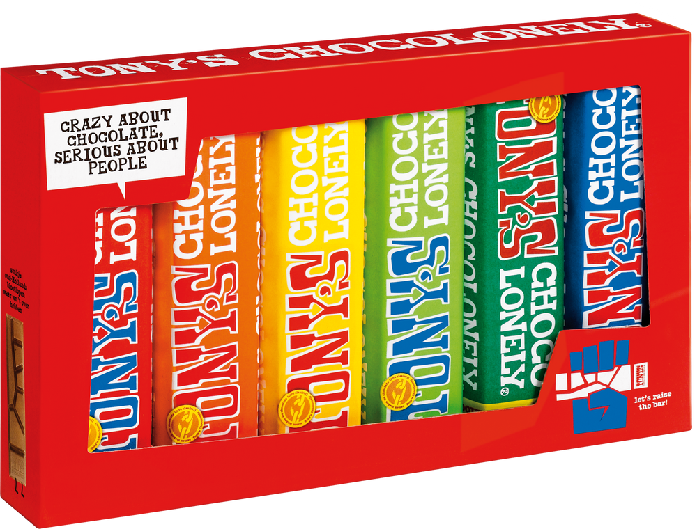 Tony's Chocolonely proeverijtje, schuin van voren