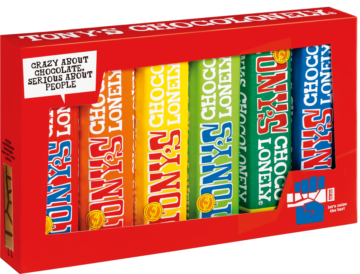 Tony's Chocolonely proeverijtje, schuin van voren