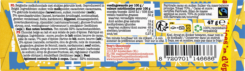 Achterkant van de wikkel van het Tony's Chocolonely sint reepje melk pepernoot