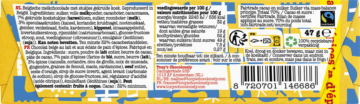 Achterkant van de wikkel van het Tony's Chocolonely sint reepje melk pepernoot