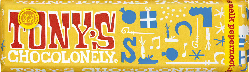 Tony's Chocolonely sint reepje melk pepernoot van 47 gram, voorkant van de wikkel