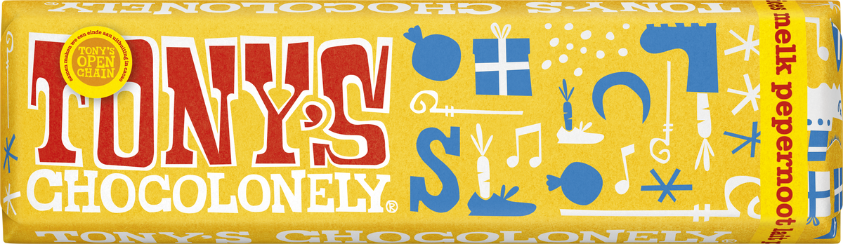Tony's Chocolonely sint reepje melk pepernoot van 47 gram, voorkant van de wikkel