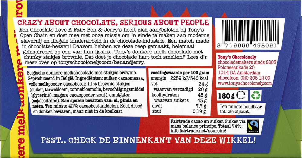 Achterkant van de verpakking van Tony's Chocolonely reep donkere melk brownie