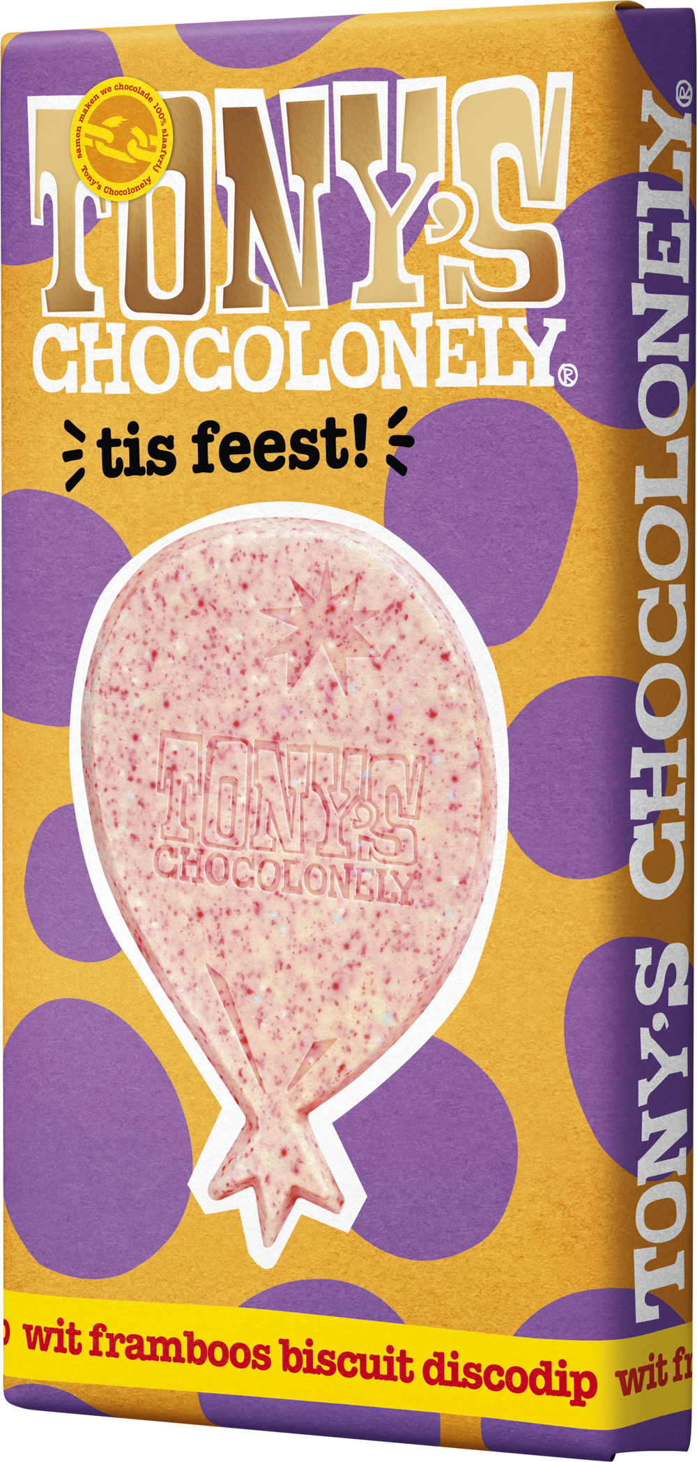 Tony's Chocolonely cadeaureep Tis feest, schuin van voren