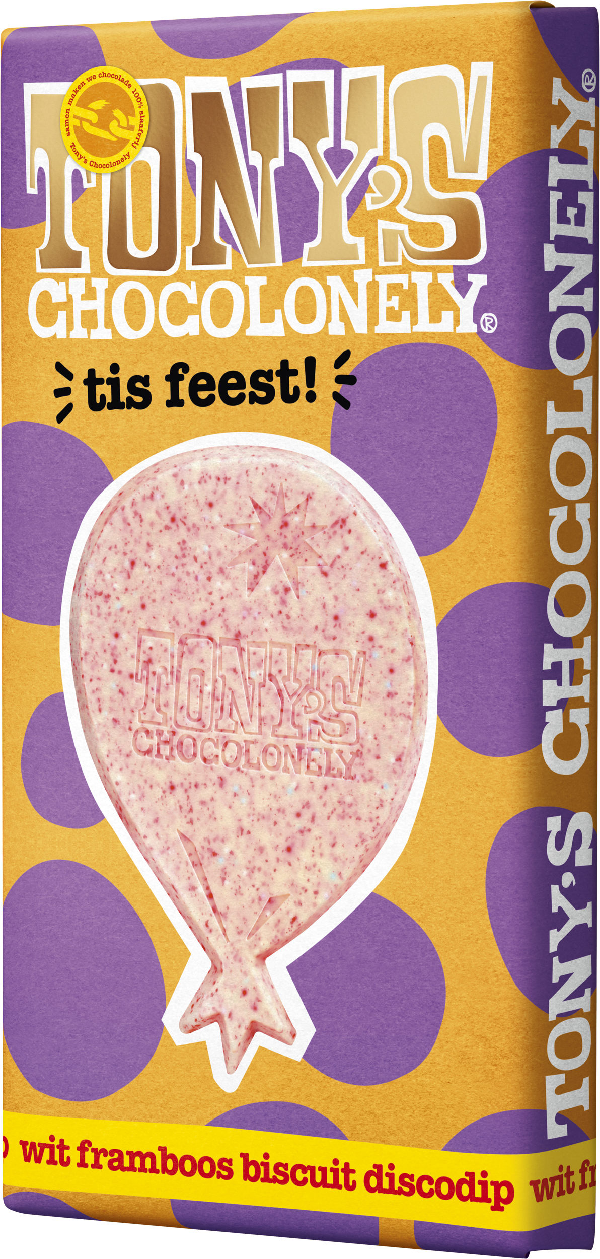 Tony's Chocolonely cadeaureep Tis feest, schuin van voren