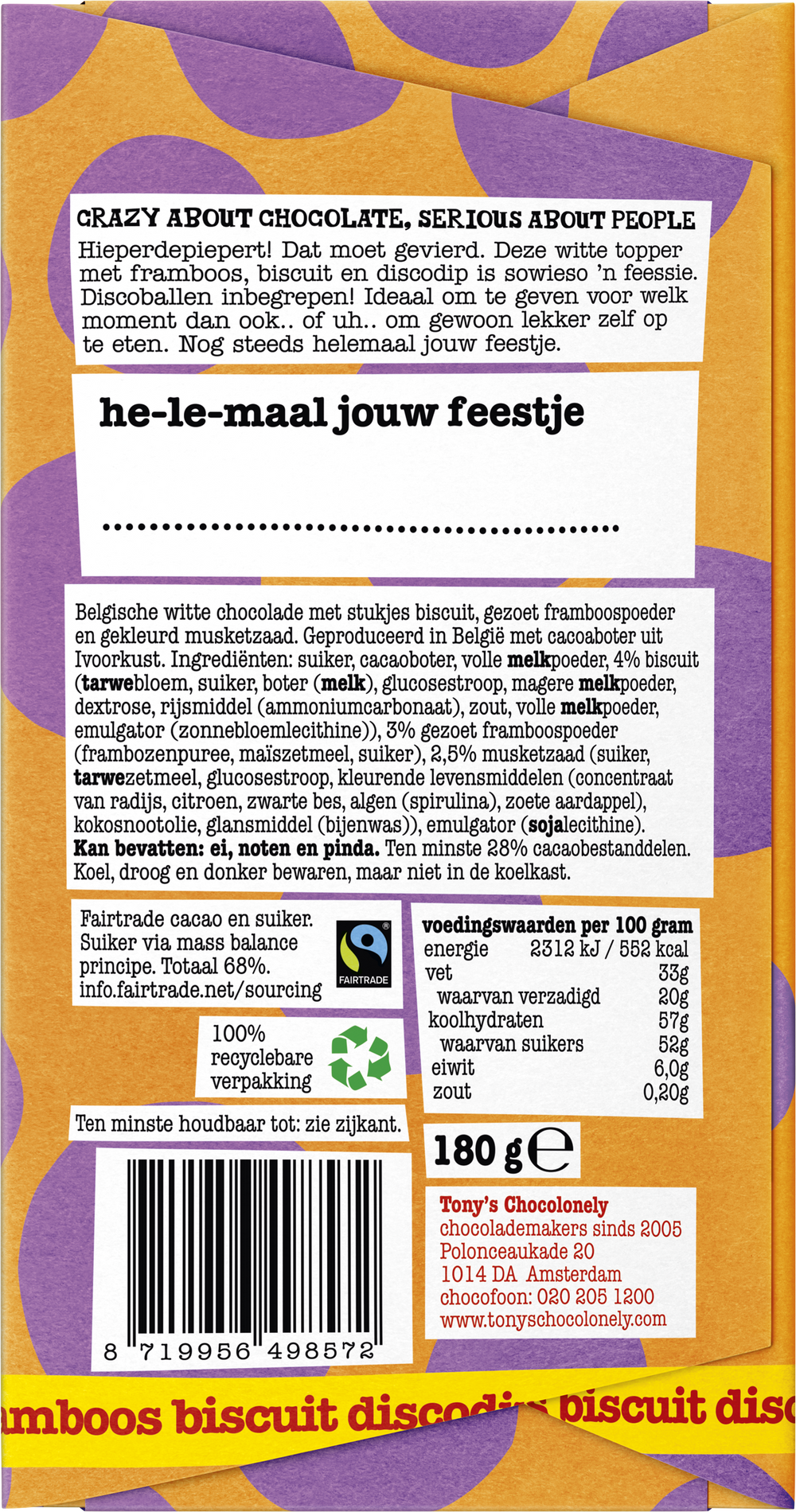 Achterkant van de verpakking van Tony's Chocolonely cadeaureep Tis feest
