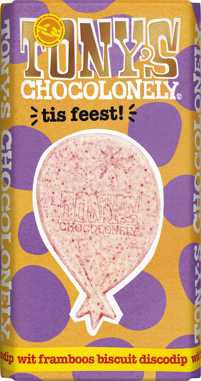 Tony's Chocolonely cadeaureep Tis feest (wit framboos biscuit discodip), doos van 15 repen