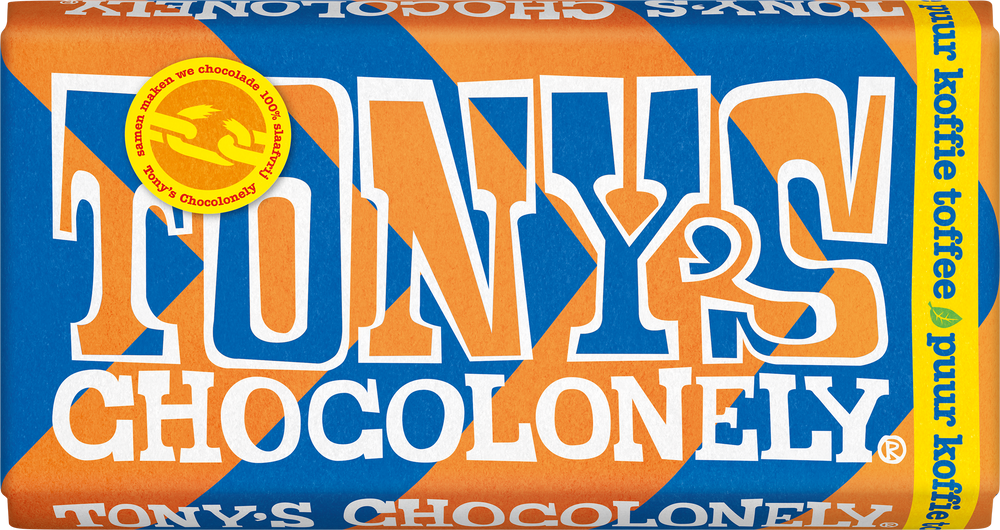 Tony's Chocolonely reep puur koffie toffee, voorkant van de verpakking