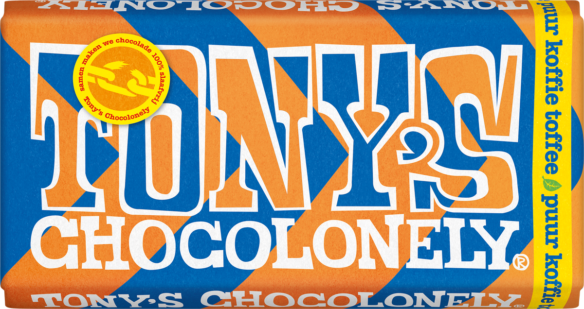 Tony's Chocolonely reep puur koffie toffee, voorkant van de verpakking