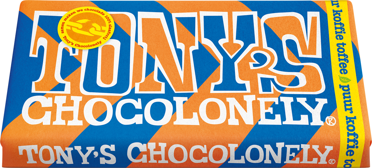 Tony's Chocolonely reep puur koffie toffee, schuin van voren