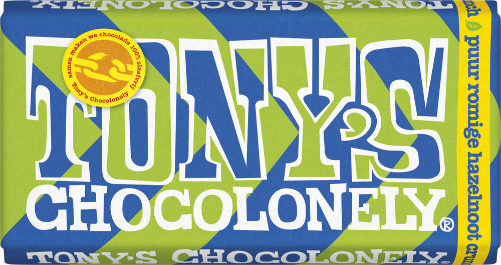 Tony's Chocolonely reep puur romige hazelnoot crunch, voorkant van de verpakking