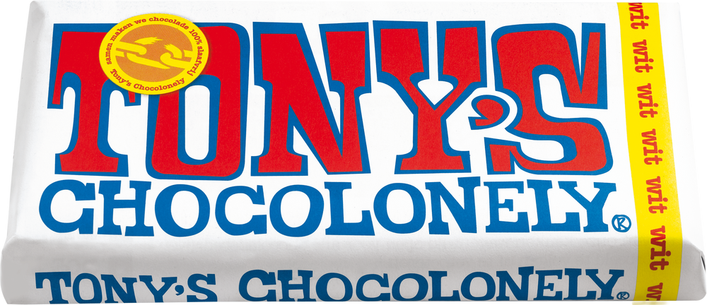 Tony's Chocolonely reep wit, schuin van voren