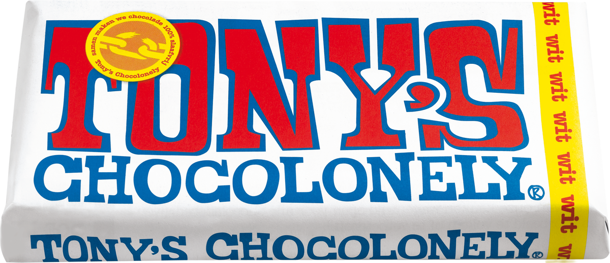 Tony's Chocolonely reep wit, schuin van voren