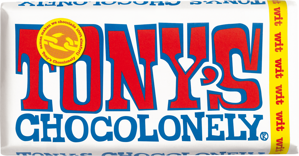 Tony's Chocolonely reep wit, voorkant van de verpakking