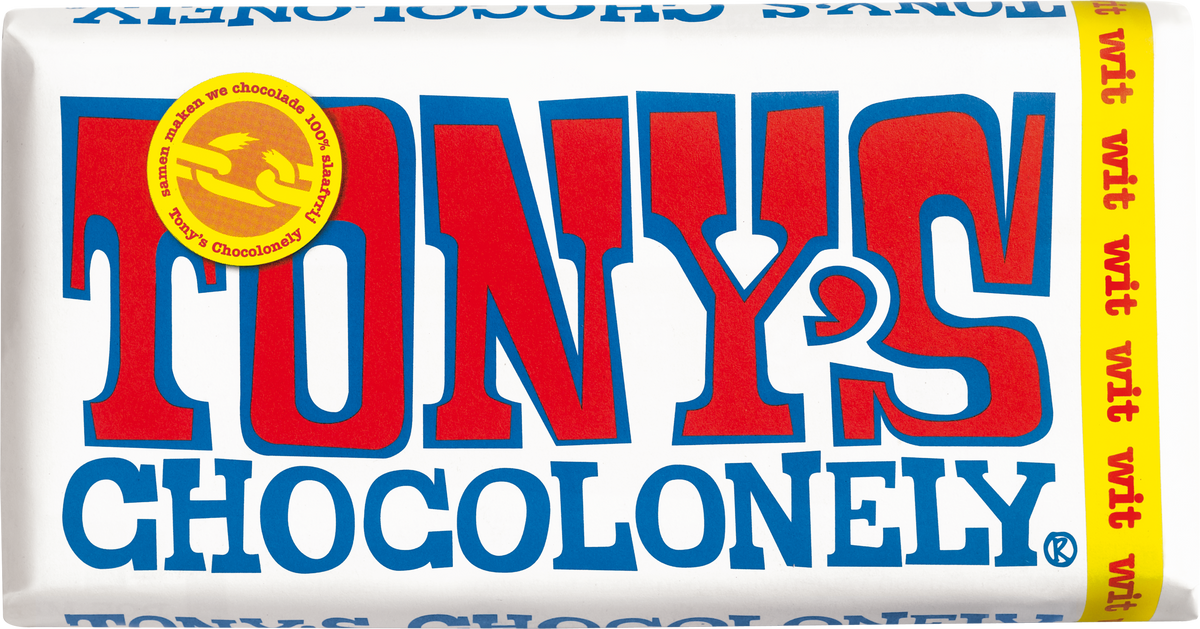 Tony's Chocolonely reep wit, voorkant van de verpakking
