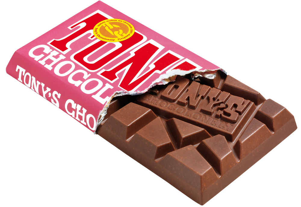 Tony's Chocolonely reep melk karamel biscuit, geopende verpakking