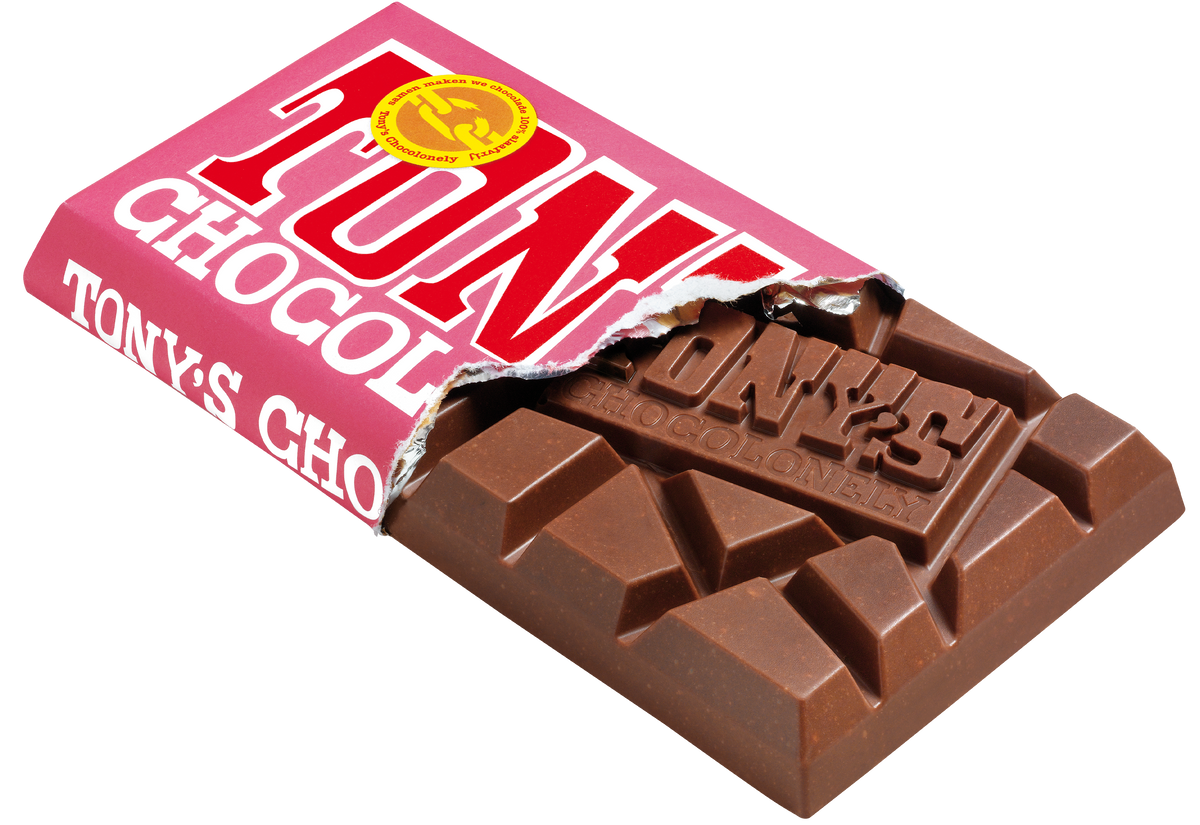 Tony's Chocolonely reep melk karamel biscuit, geopende verpakking