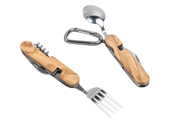BE 01  Outdoor bestek set RVS met houten handgreep – compact en multifunctioneel