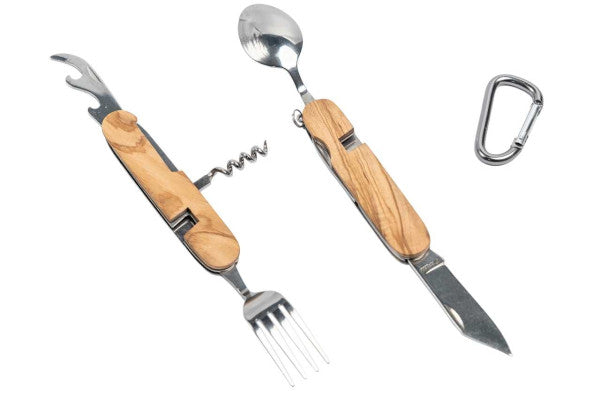 BE 01  Outdoor bestek set RVS met houten handgreep – compact en multifunctioneel