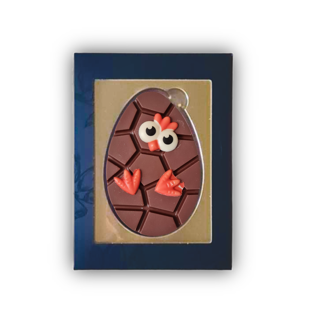 Chocolade paasei met logo, uitvoering melk, paaskuikentje