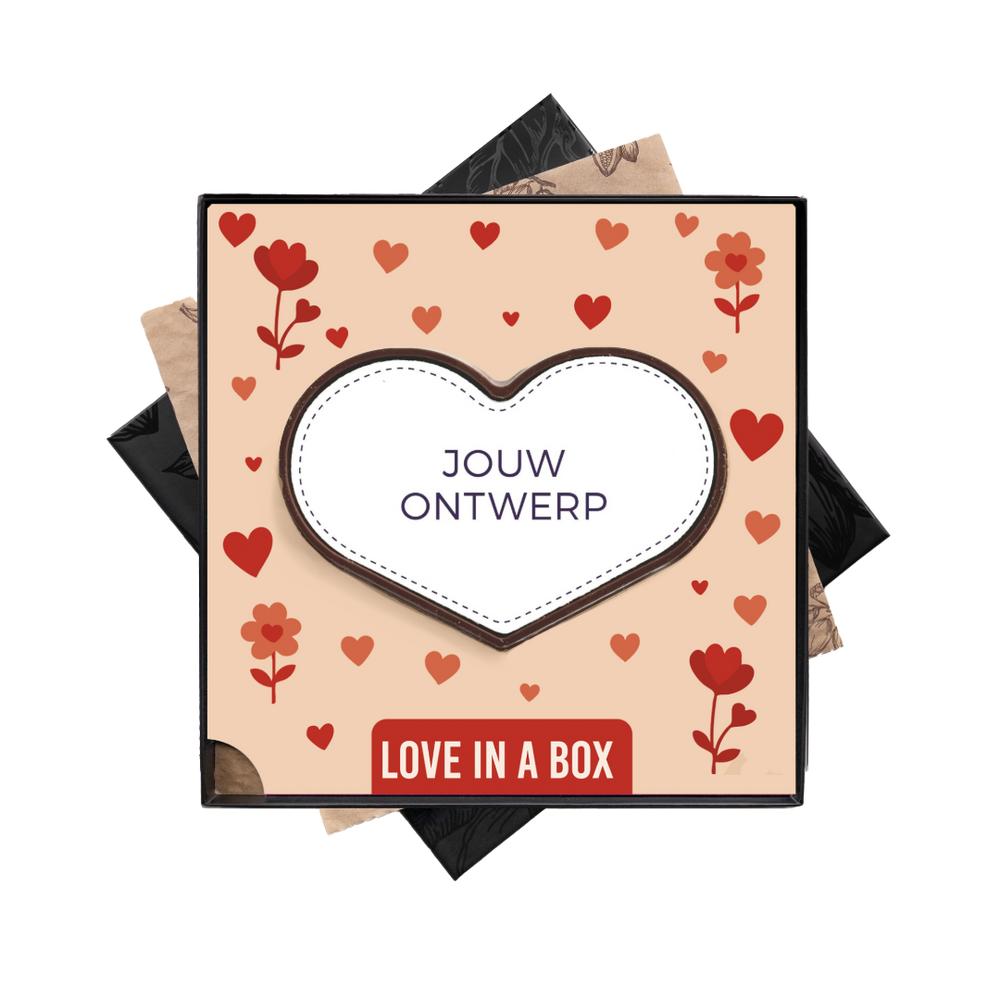 Chocolade hart in geschenkdoos, uitvoering Love in a box, eigen ontwerp