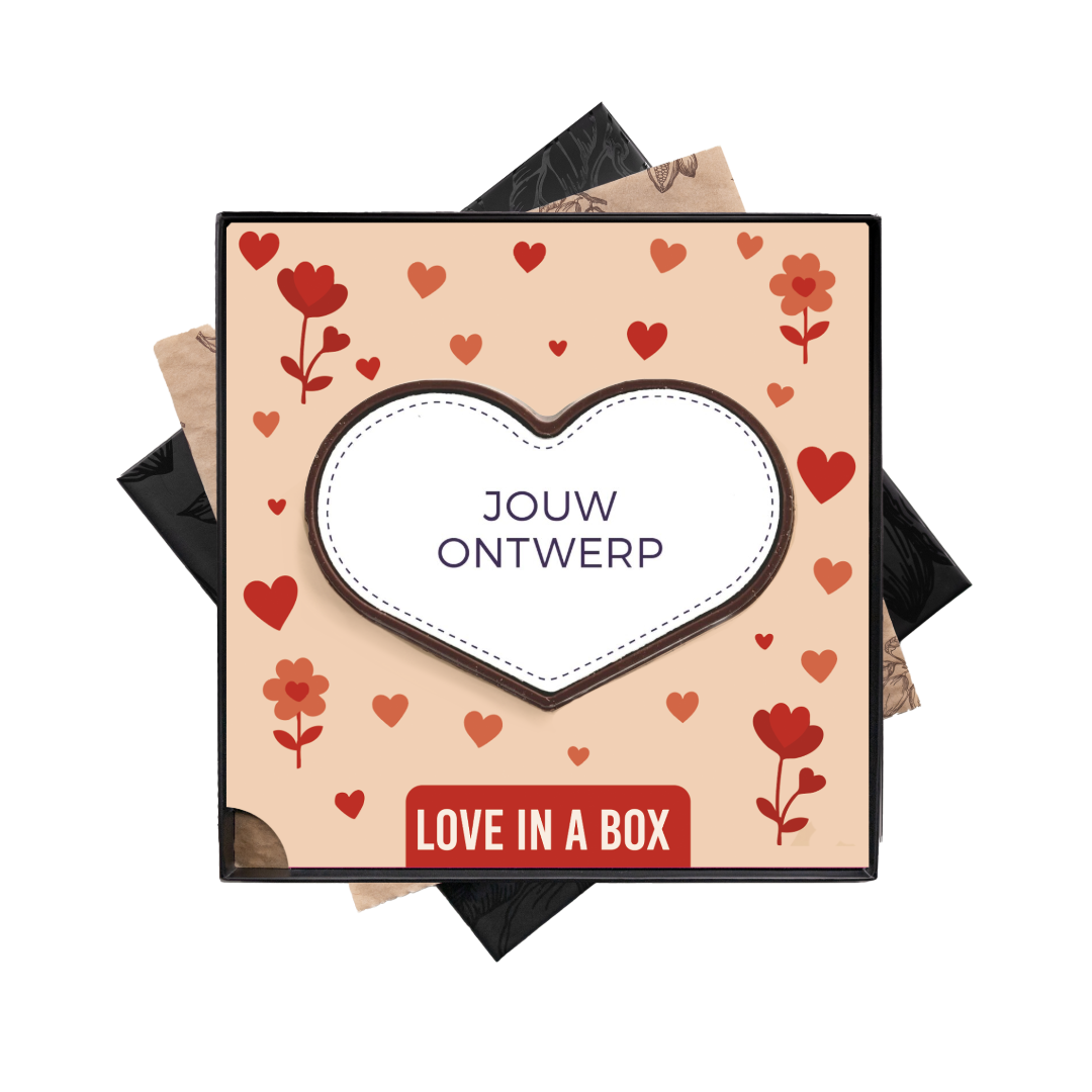 Chocolade hart in geschenkdoos, uitvoering Love in a box, eigen ontwerp