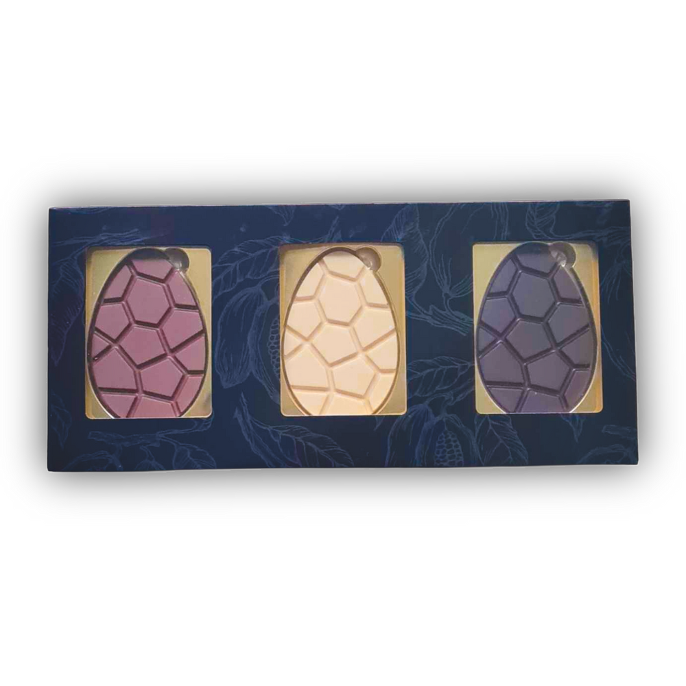 Chocolade paaseieren trio, uitvoering trio melk, wit en puur