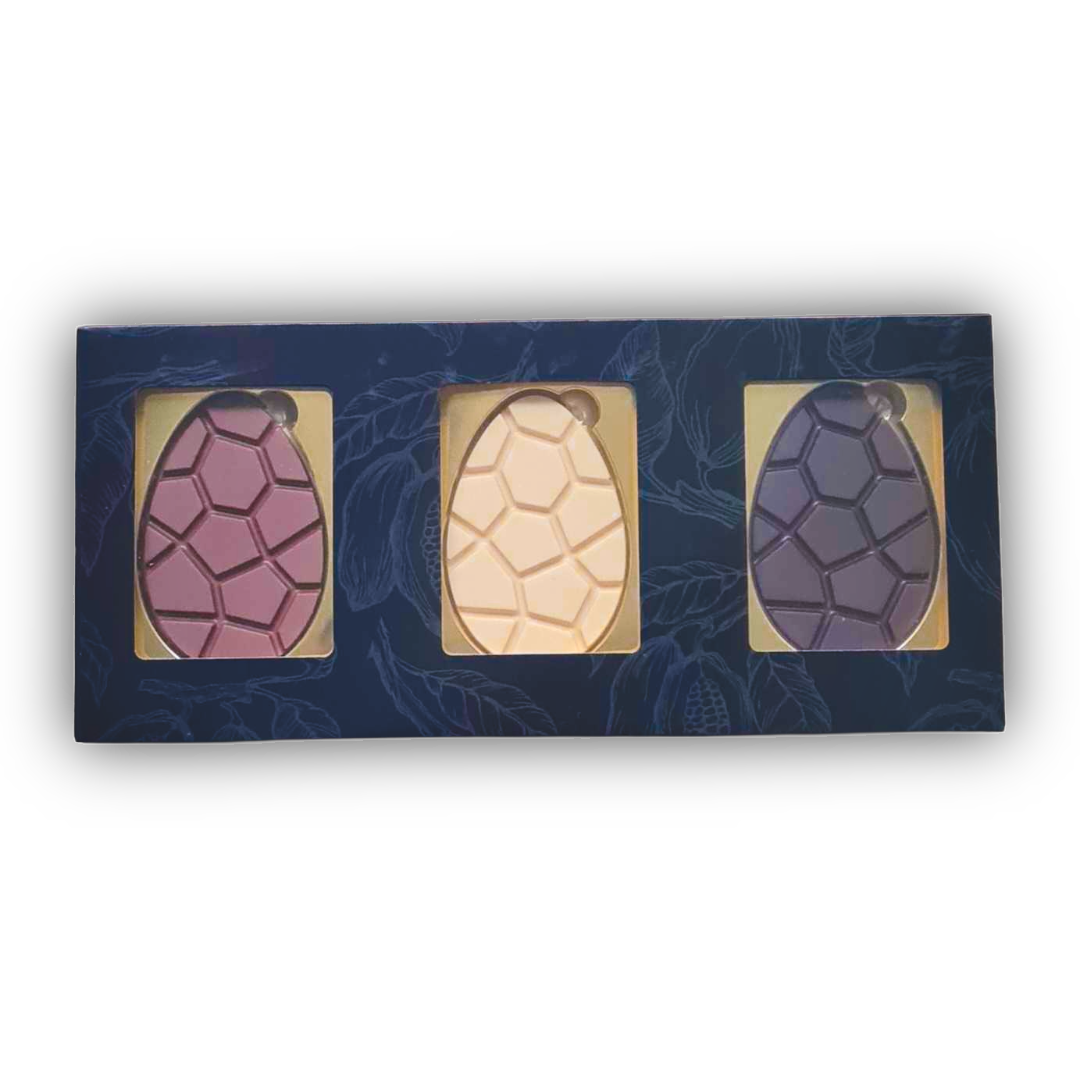 Chocolade paaseieren trio, uitvoering trio melk, wit en puur