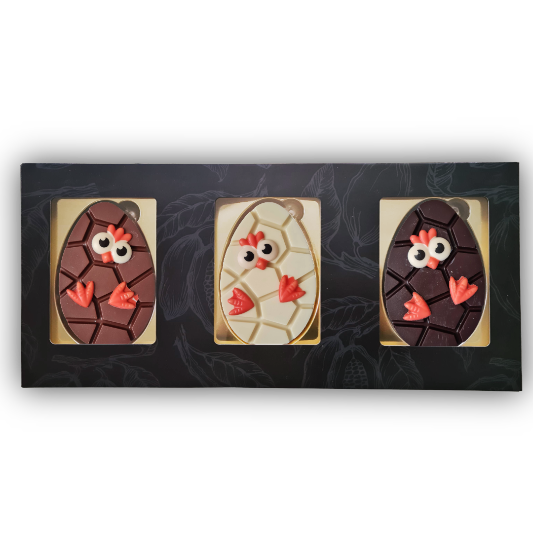 Chocolade paaseieren trio, uitvoering trio met paaskuikentje